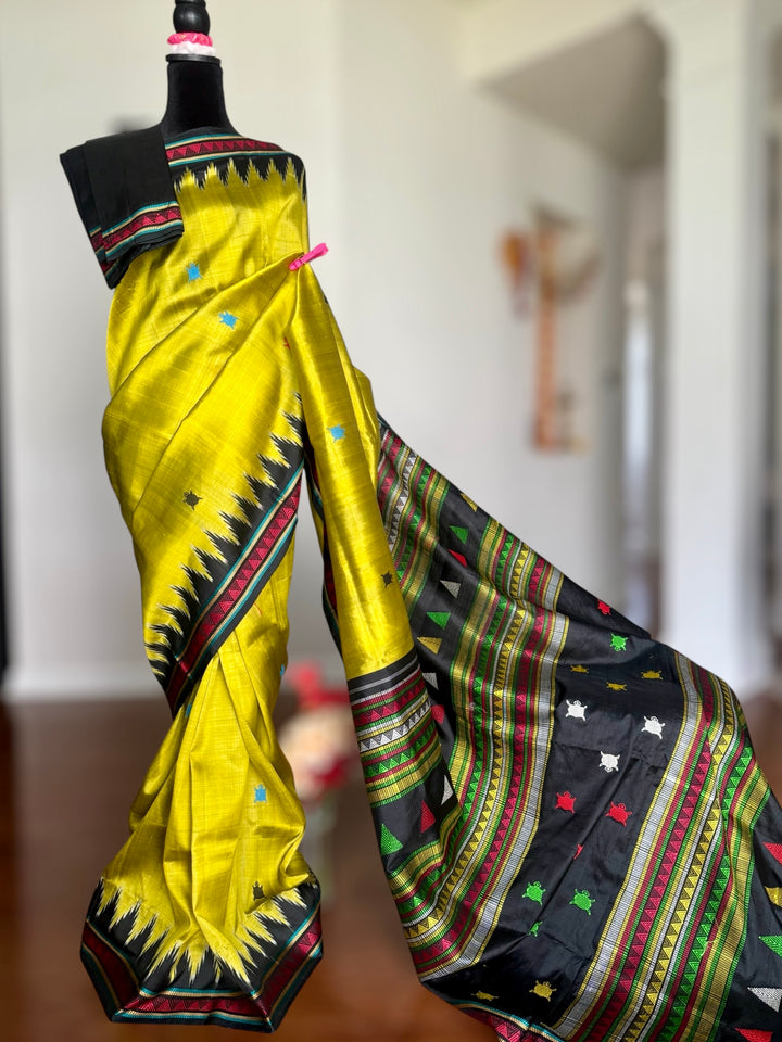 Light green and black combination Dongria double pallu contemporary ikat pure silk saree