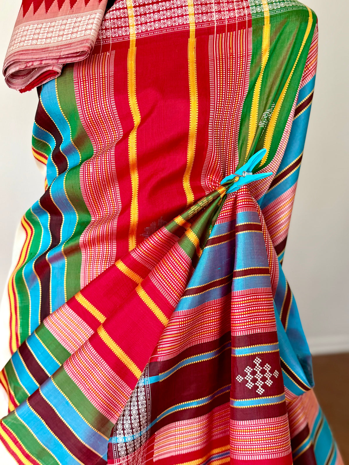 Off- White and Red Berhampuri Double pallu Pure Silk Saree| Odisha Weaves