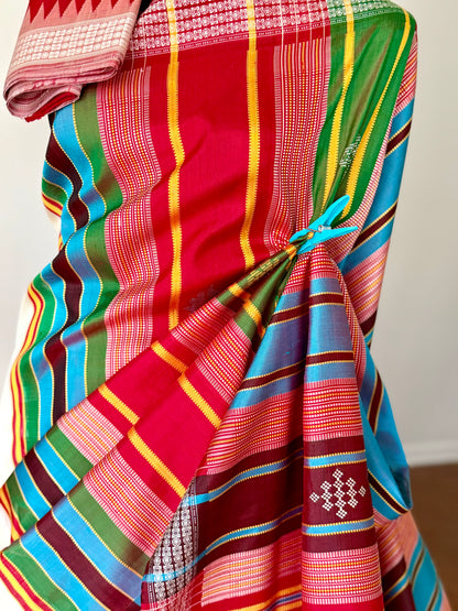 Off- White and Red Berhampuri Double pallu Pure Silk Saree| Odisha Weaves