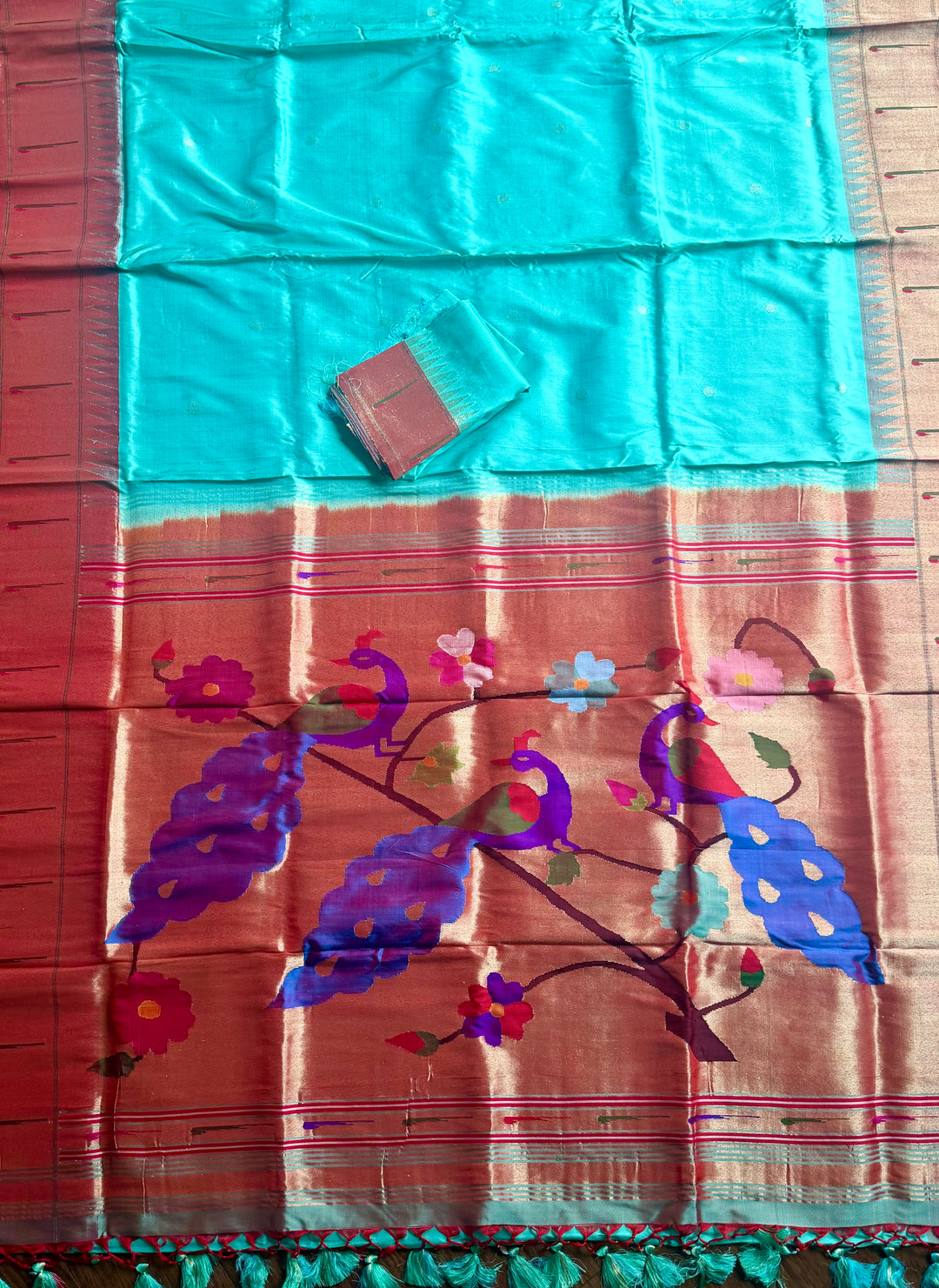 Handwoven Pure Silk Paithani Saree: Peacock Pallu, Aqua Green & Copper Zari