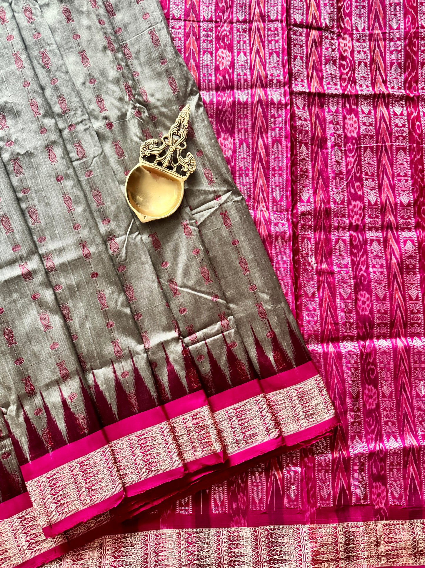 Grey with pink Hajar buti Sambalpuri Ikat pure silk Saree from Odisha Weaves