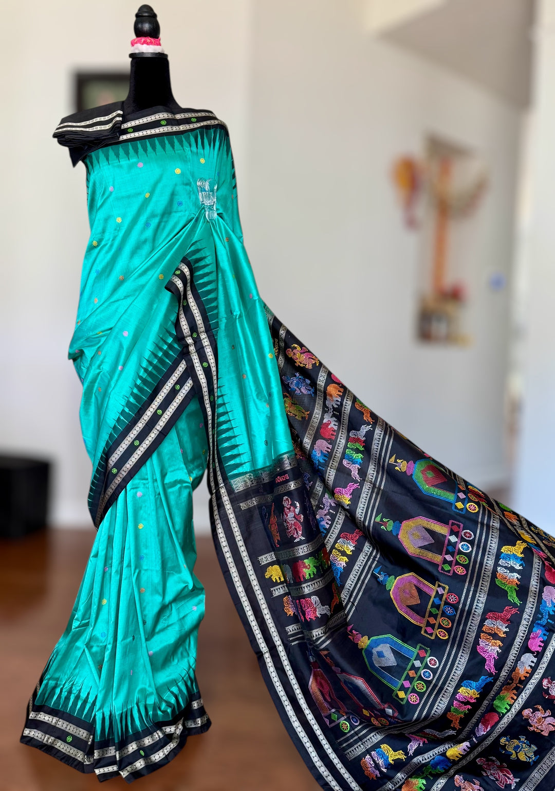 Gorgeous Light Aqua green Nandighosa pure silk saree from Odisha Weaves| Bomkai|