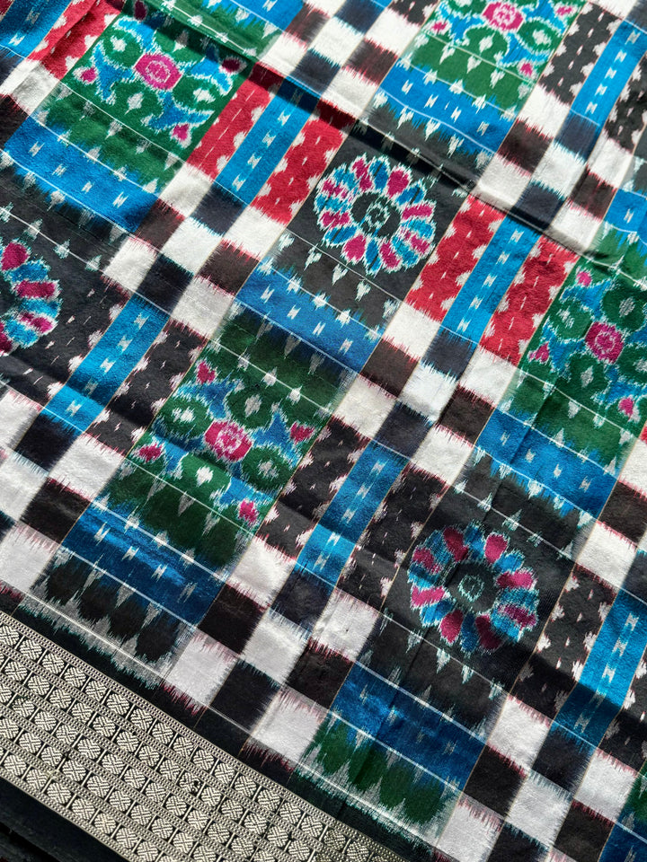 Handwoven Utkal Laxmi Sambalpuri ikat pure silk saree, Green Ikat pallu|Odisha Weaves|