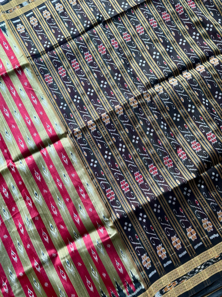 Maroon Beige Chandrika in striped body Contemporary Ikat Pure Silk Saree|Odisha Weaves|Mishrita