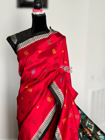 Red color Bomkai Pure Silk Saree with gorgeous turtle motif pallu