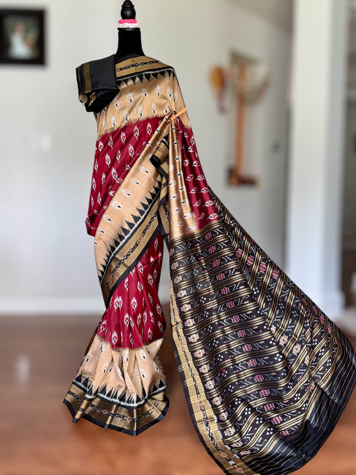 Maroon Beige Chandrika body Contemporary Ikat Pure Silk Saree|Odisha Weaves|Mishrita