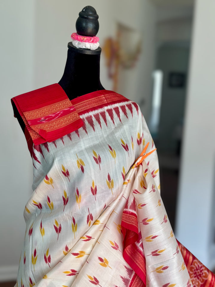 Flower bud design Handwoven Pure Silk ikat Khandua Saree White-Red|Odisha Weaves