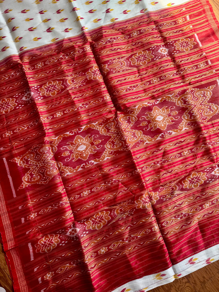 Flower bud design Handwoven Pure Silk ikat Khandua Saree White-Red|Odisha Weaves