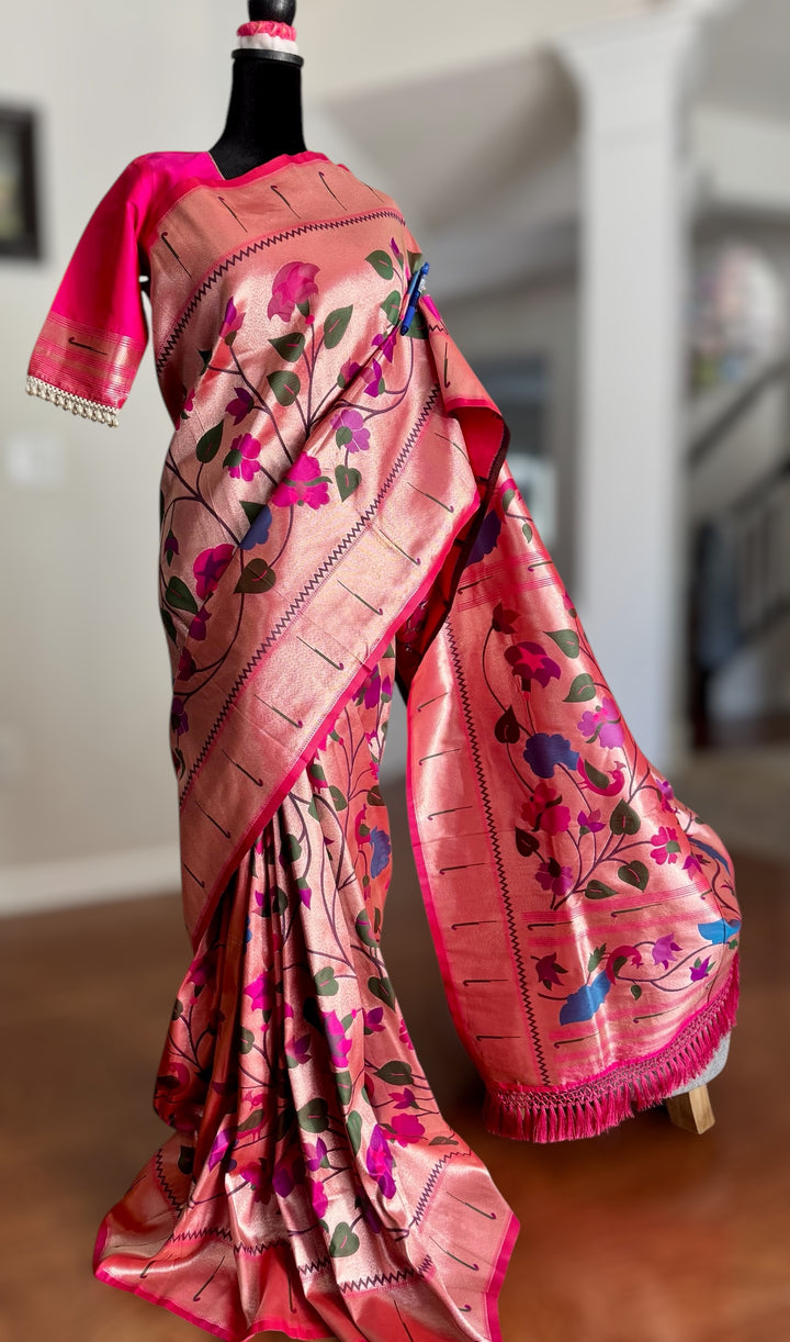 Pink color paithani inspired brocade saree with stitched blouse| Value Vogue