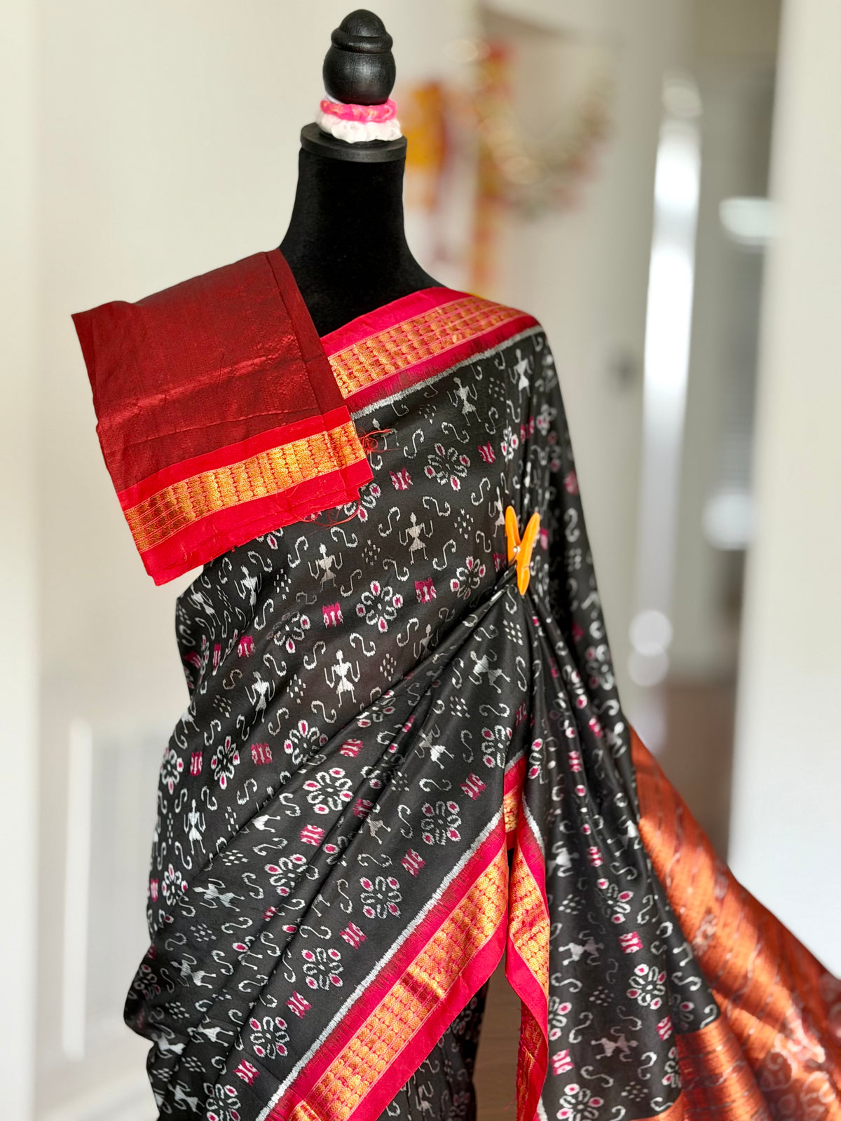 Black and rust red handwoven Sambalpuri pure Ikkat silk saree with tissue border and pallu | Odisha Weaves