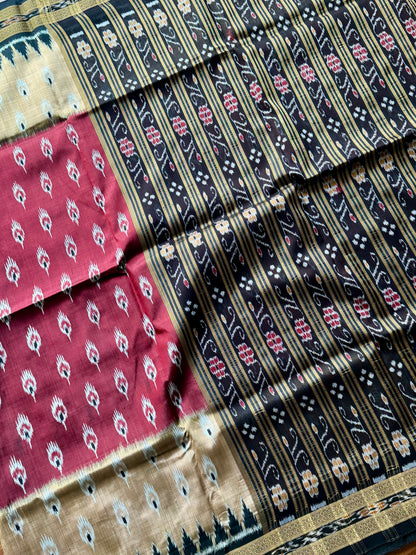 Maroon Beige Chandrika body Contemporary Ikat Pure Silk Saree|Odisha Weaves|Mishrita