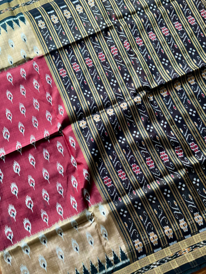 Maroon Beige Chandrika body Contemporary Ikat Pure Silk Saree|Odisha Weaves|Mishrita