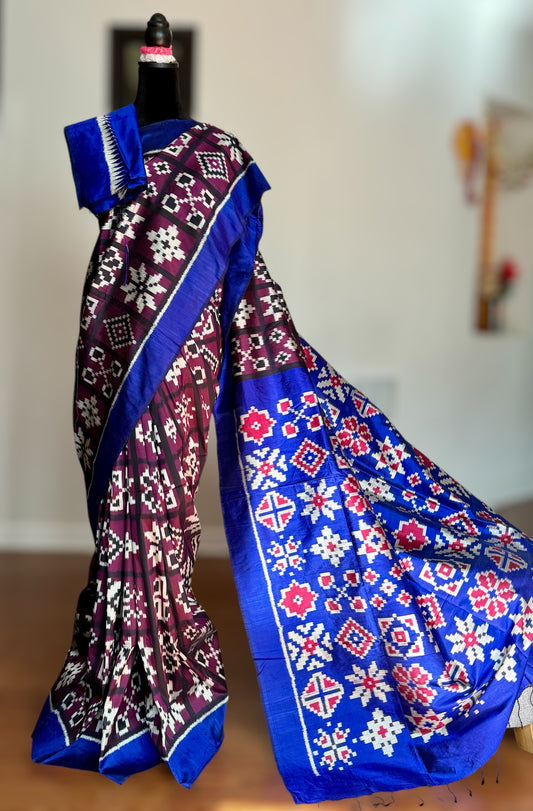 Purple with Blue combination Telia inspired Contemporary ikat pure silk saree