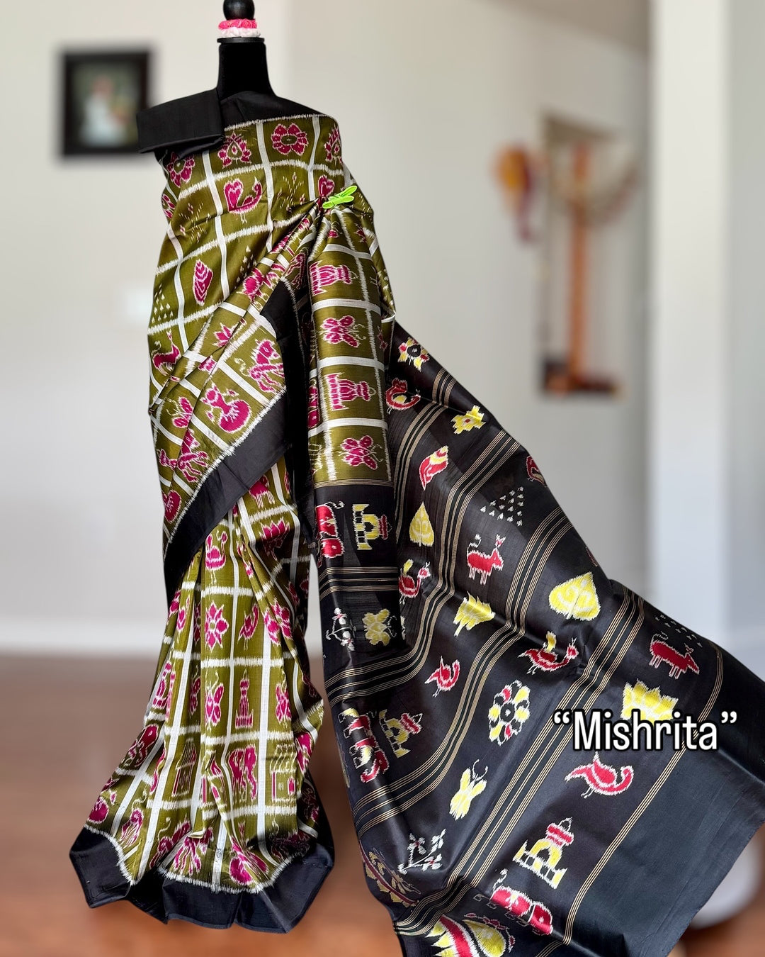 Olive Green Nabakothi Contemporary Ikat Pure Silk Saree|Odisha Weaves|Mishrita