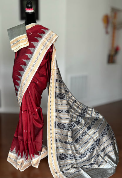 Maroon with cream combination khandua ikat pure silk saree from Odisha Weaves