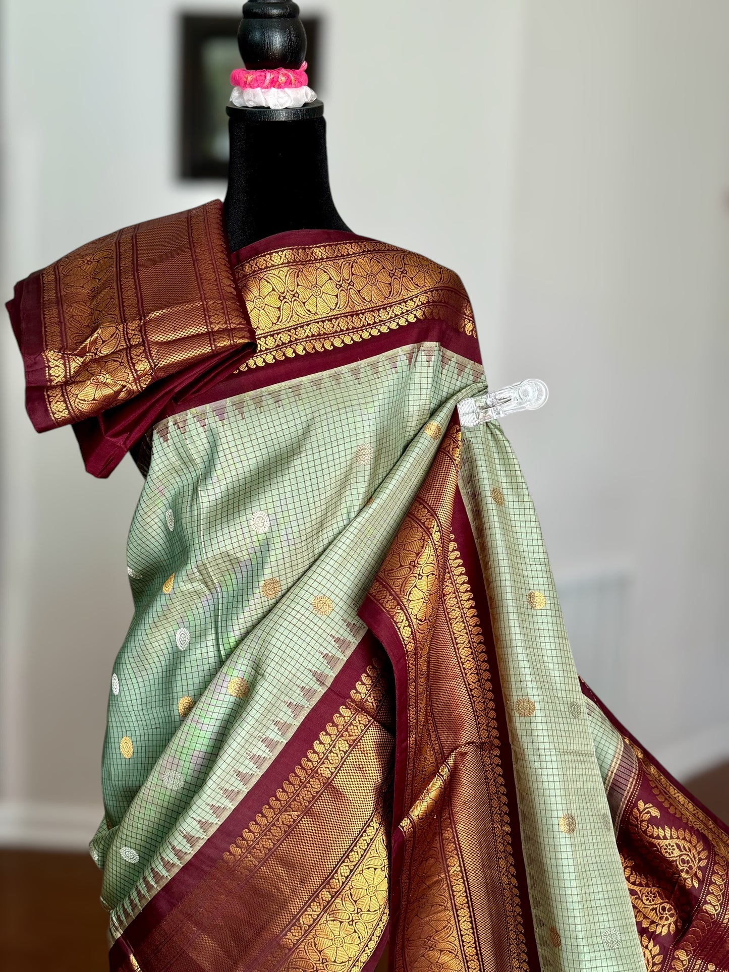 Light Sage Green vintage Checks Gadwal Pure Silk Saree with zari buttas and contrast Maroon border