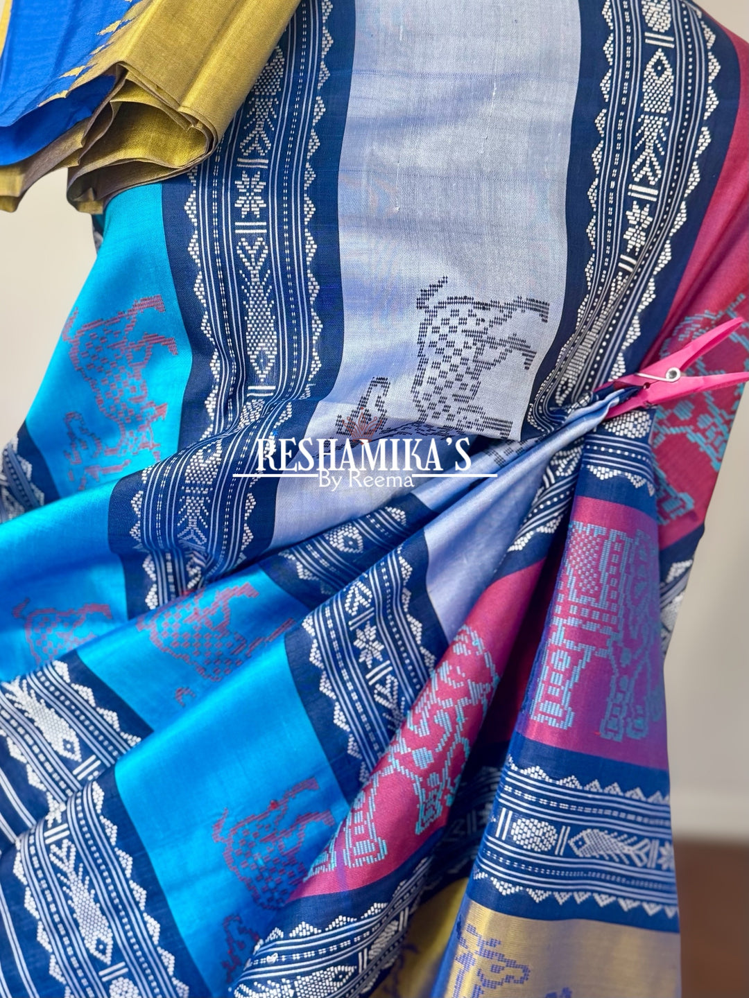Blue Berhampuri Pure Silk Saree with multi color animal motif Double pallu