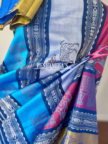 Blue Berhampuri Pure Silk Saree with multi color animal motif Double pallu