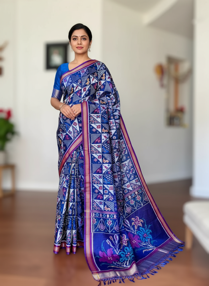 Blue color semi (double) ikat patan Patola pure silk saree