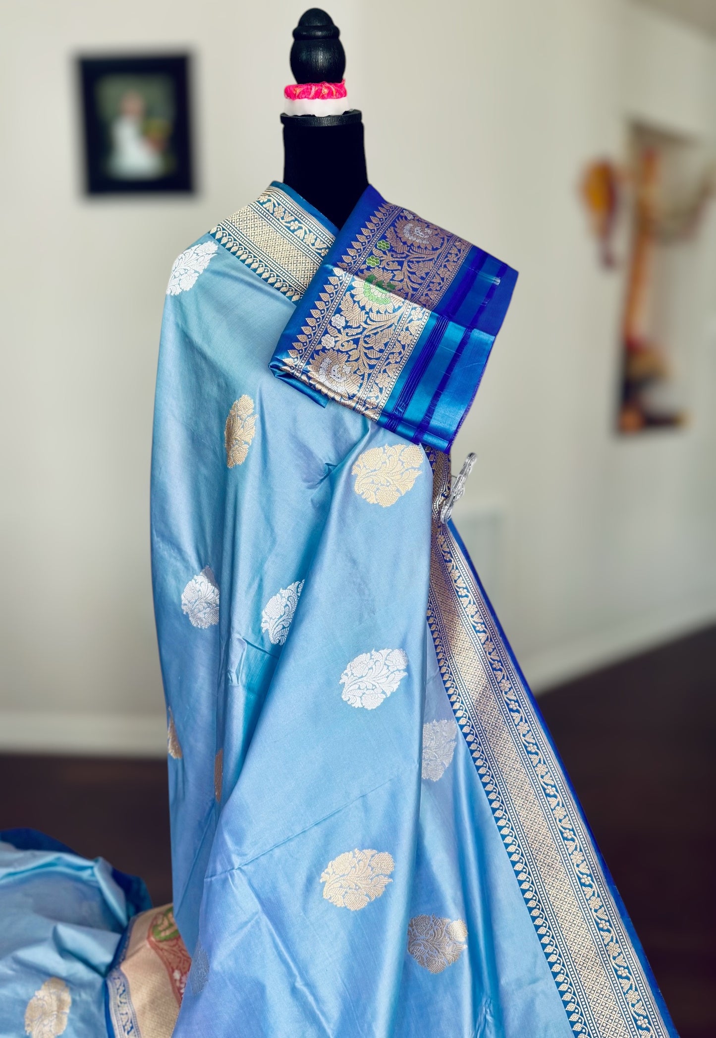 Luxurious Powder Blue Banarasi pure katan silk saree with Kadhwa and meenakari work