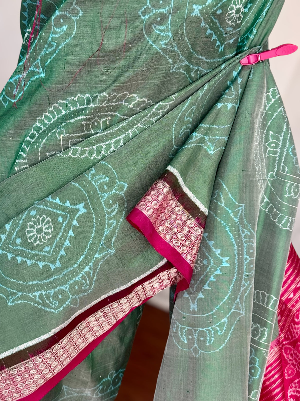 Handwoven Sage green and Pink yantra theme Sambalpuri ikat pure silk saree|Odisha Weaves|