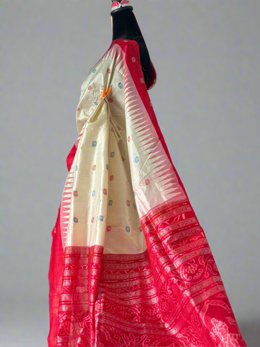 Sambalpuri ikat beige color with red pure silk saree from Odisha weaves