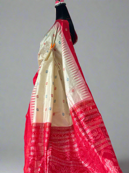 Sambalpuri ikat beige color with red pure silk saree from Odisha weaves