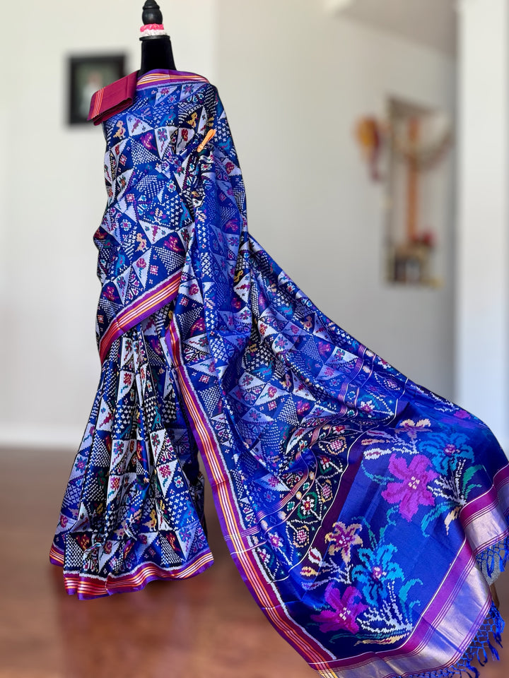 Blue color semi (double) ikat patan Patola pure silk saree
