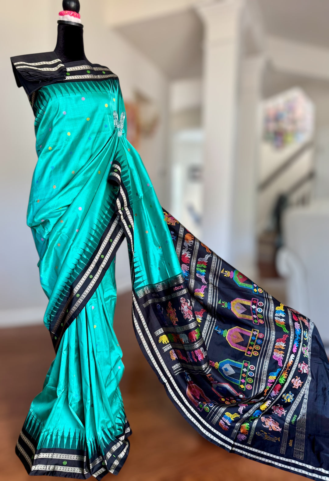 Gorgeous Light Aqua green Nandighosa pure silk saree from Odisha Weaves| Bomkai|