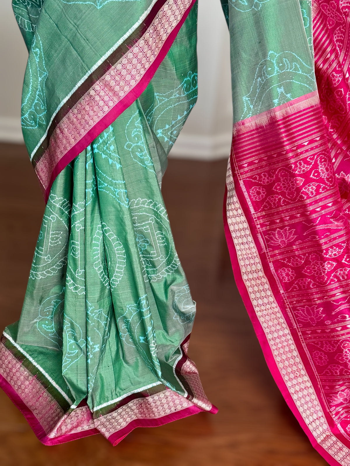 Handwoven Sage green and Pink yantra theme Sambalpuri ikat pure silk saree|Odisha Weaves|