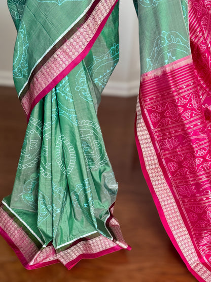 Handwoven Sage green and Pink yantra theme Sambalpuri ikat pure silk saree|Odisha Weaves|
