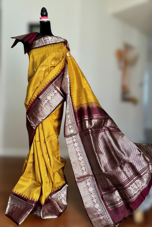 Handwoven Kuttu Gadwal pure Silk Saree in honey mustard color with Checks body