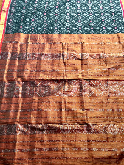 Black and rust red handwoven Sambalpuri pure Ikkat silk saree with tissue border and pallu | Odisha Weaves