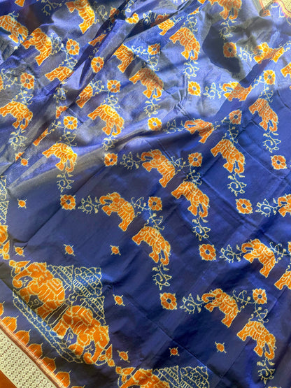 Blue & Maroon Sambalpuri Handwoven Ikat Elephant Motif pure silk Saree | Odisha weaves