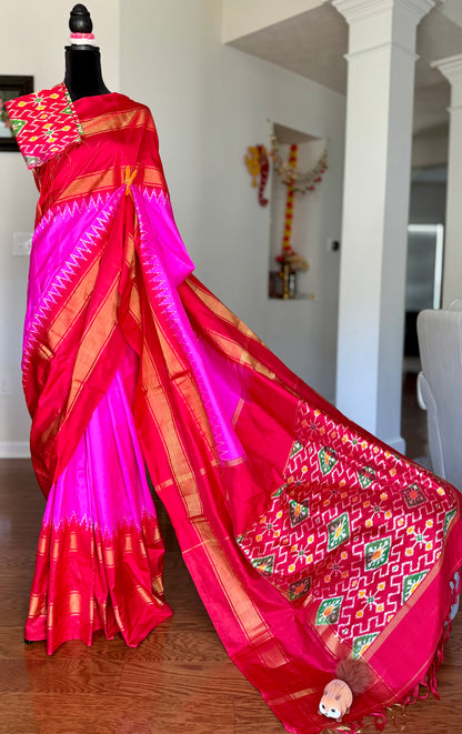Bright Magenta-pink with Red Pochampally ikat pure silk saree with Patola pallu and Kanchi-Style Zari Border