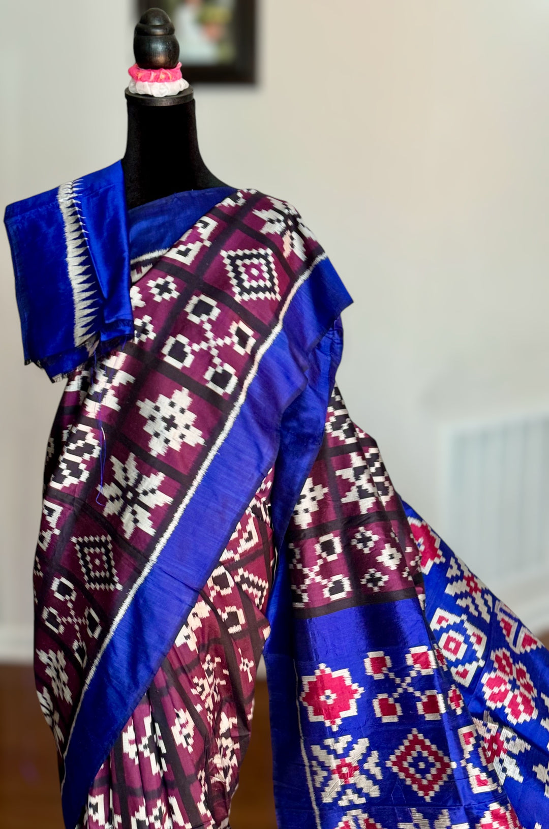 Purple with Blue combination Telia inspired Contemporary ikat pure silk saree
