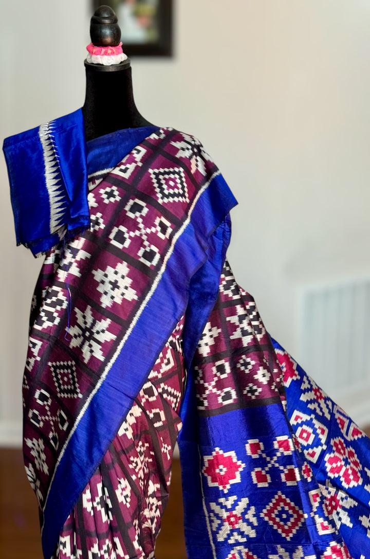 Purple with Blue combination Telia inspired Contemporary ikat pure silk saree