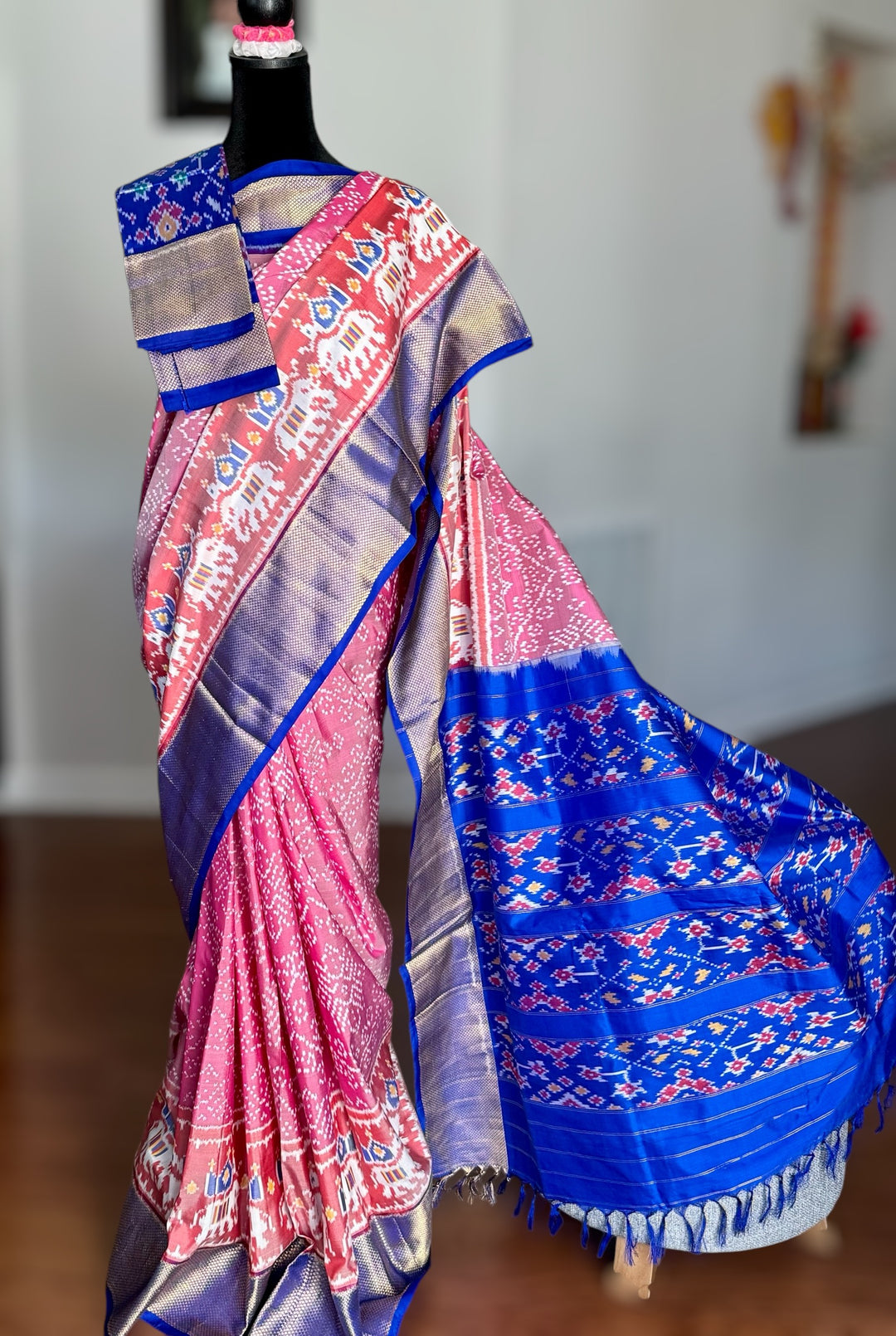 Shot pink Pochampally ikat pure silk saree