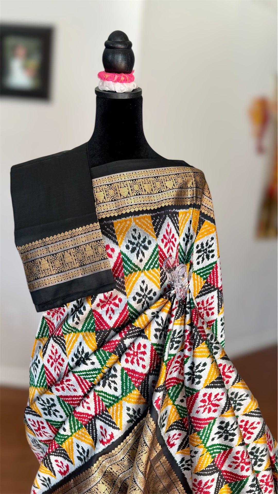 Kanjivaram Ikat Pure Silk Saree with Geometric Motifs(Pochampally)Fusion Silk Saree Unstitched Blouse