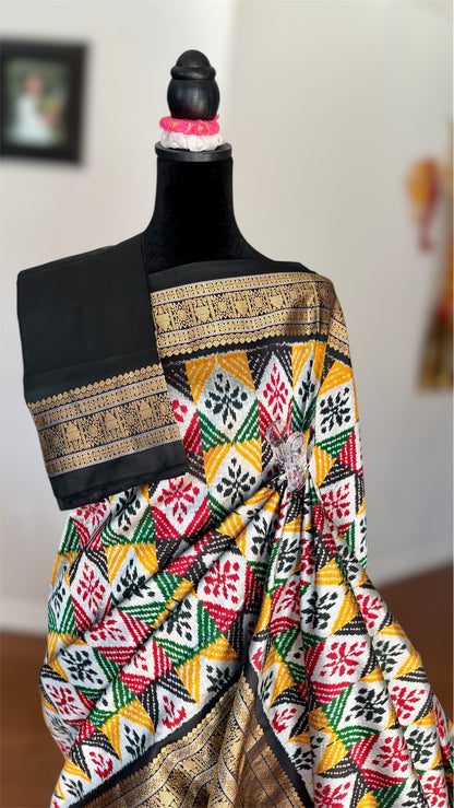 Kanjivaram Ikat Pure Silk Saree with Geometric Motifs(Pochampally)Fusion Silk Saree Unstitched Blouse
