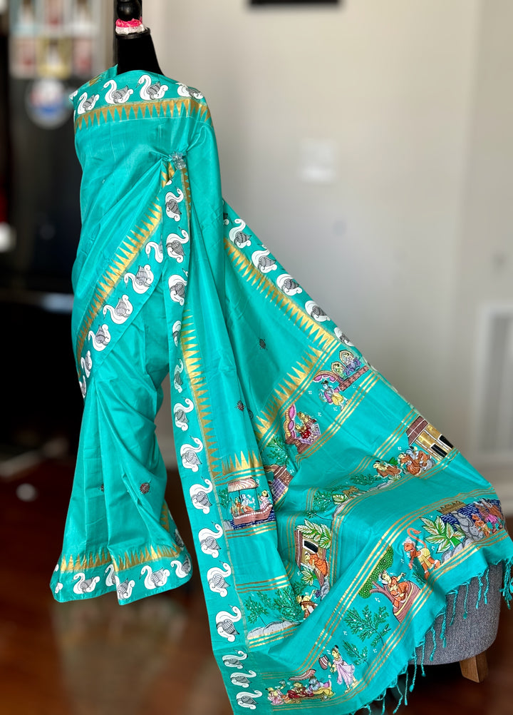 Ramayan theme Odisha Pattachitra on Kanjivaram soft silk saree