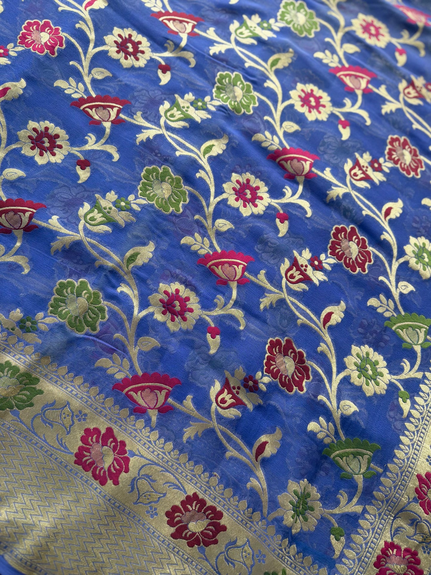 Light lavender-ish blue Banarasi hand woven pure khaddi georgette saree with Tilfi meenakari