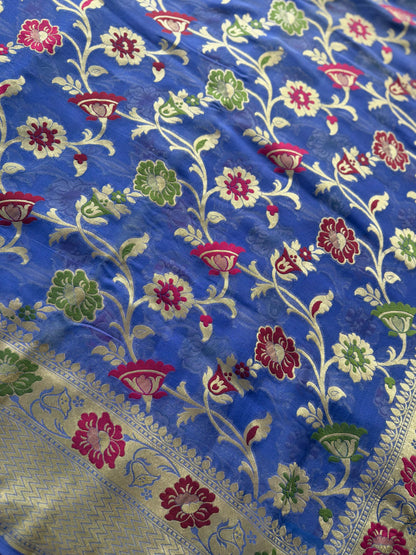 Light lavender-ish blue Banarasi hand woven pure khaddi georgette saree with Tilfi meenakari