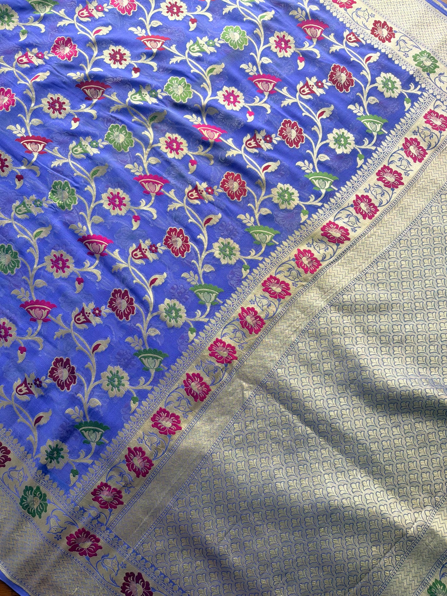 Light lavender-ish blue Banarasi hand woven pure khaddi georgette saree with Tilfi meenakari