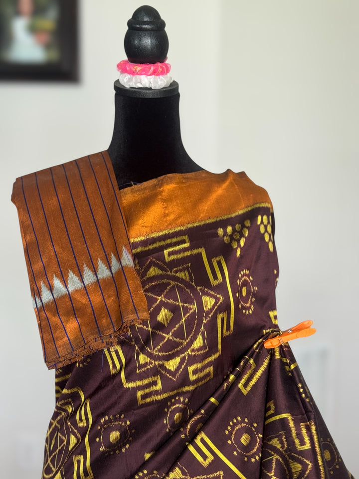 Dark Brown with yellow color handwoven yantra ikat pure silk saree|Odisha Weaves|Contemporary Ikat|