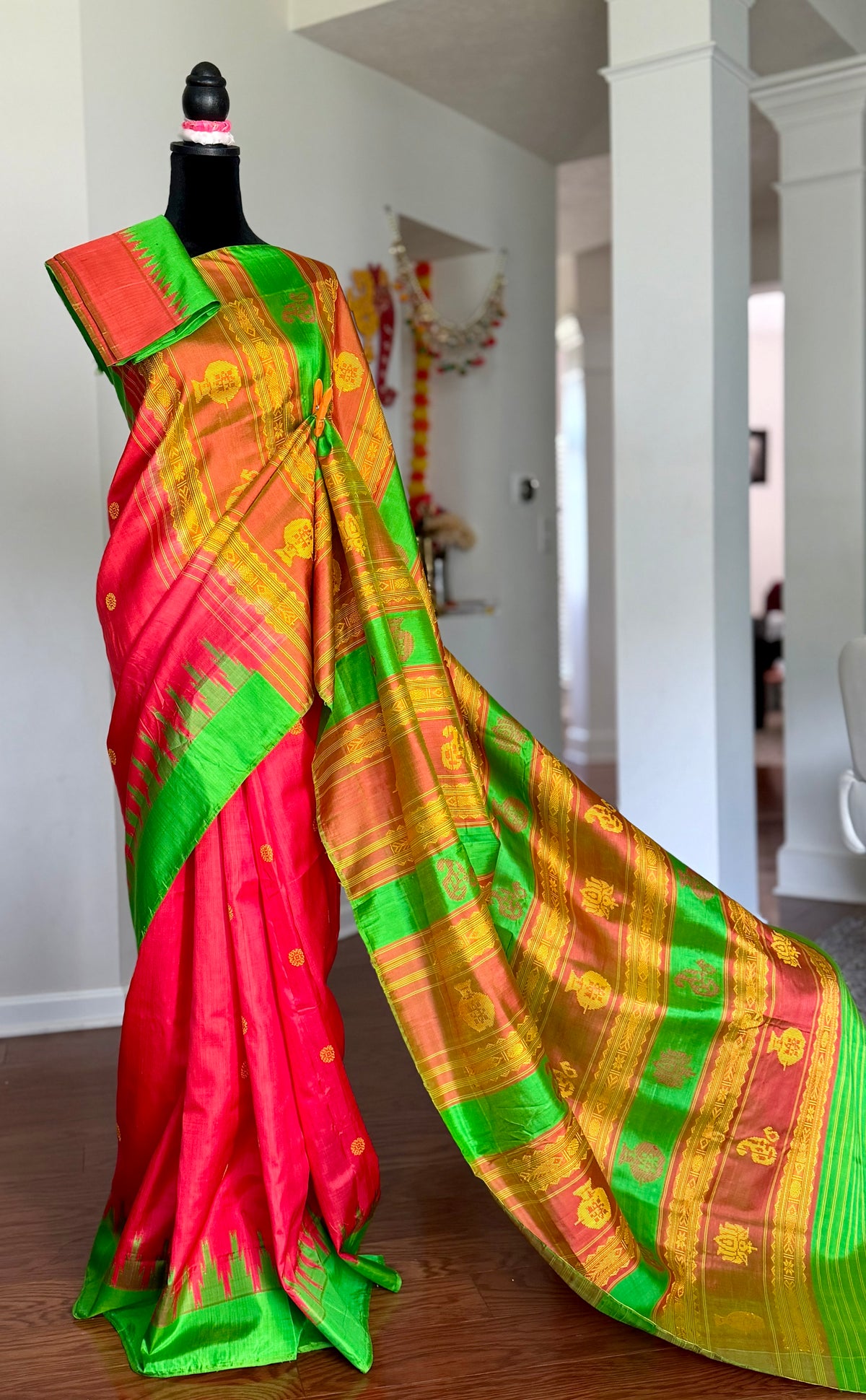 Dark Peach Berhampuri double pallu handwoven  Pure Silk Saree