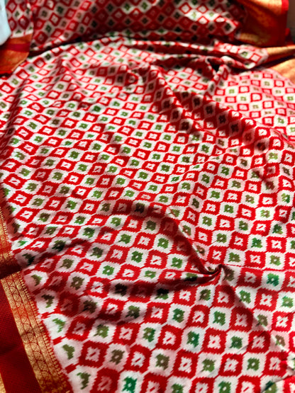 Red Twill Ikkat (Pochampally)handwoven pure silk Saree with Zari Woven Kanchipuram Border