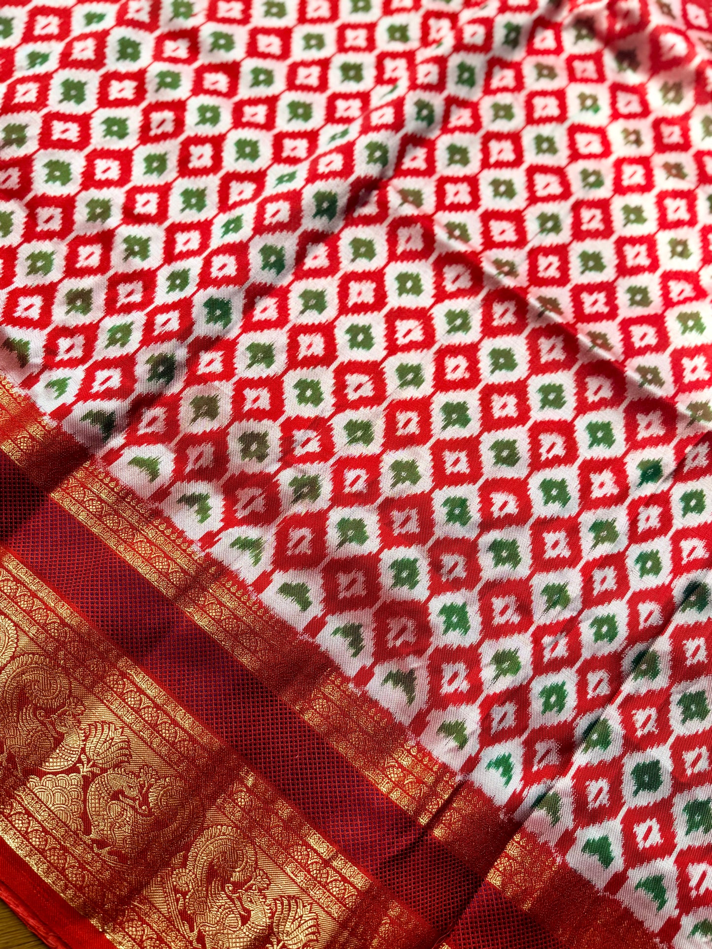 Red Twill Ikkat (Pochampally)handwoven pure silk Saree with Zari Woven Kanchipuram Border