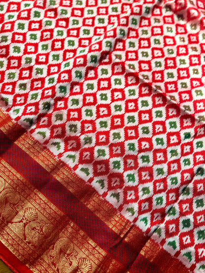 Red Twill Ikkat (Pochampally)handwoven pure silk Saree with Zari Woven Kanchipuram Border