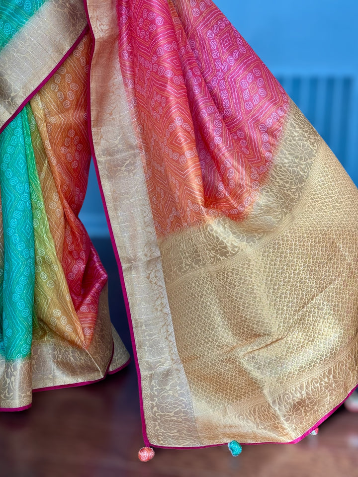 Multi colored Bandhini printed silk saree|Party Wear Saree|PPS